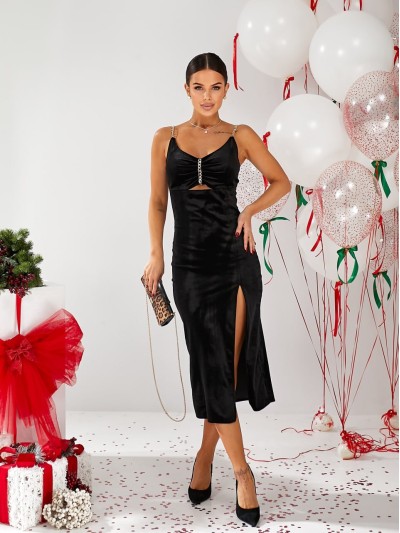 Вечірня оксамитова сукня на бретельках чорного кольору 30121