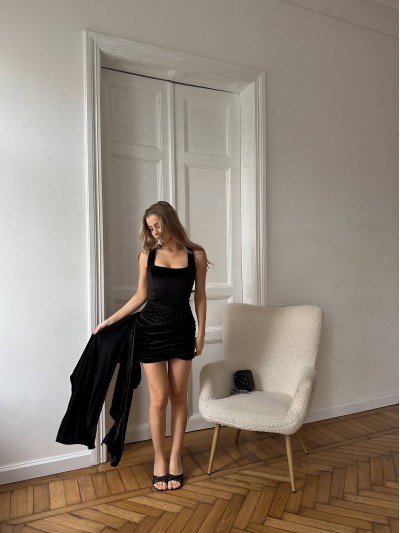 Вечірня оксамитова сукня мiні зiшлейфом чорного кольору 35713