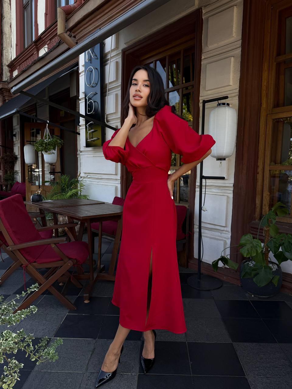 Вечірня сукня мiдi червоного кольору 34144