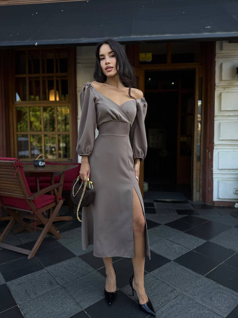 Вечернее платье миди коричневого цвета 34143