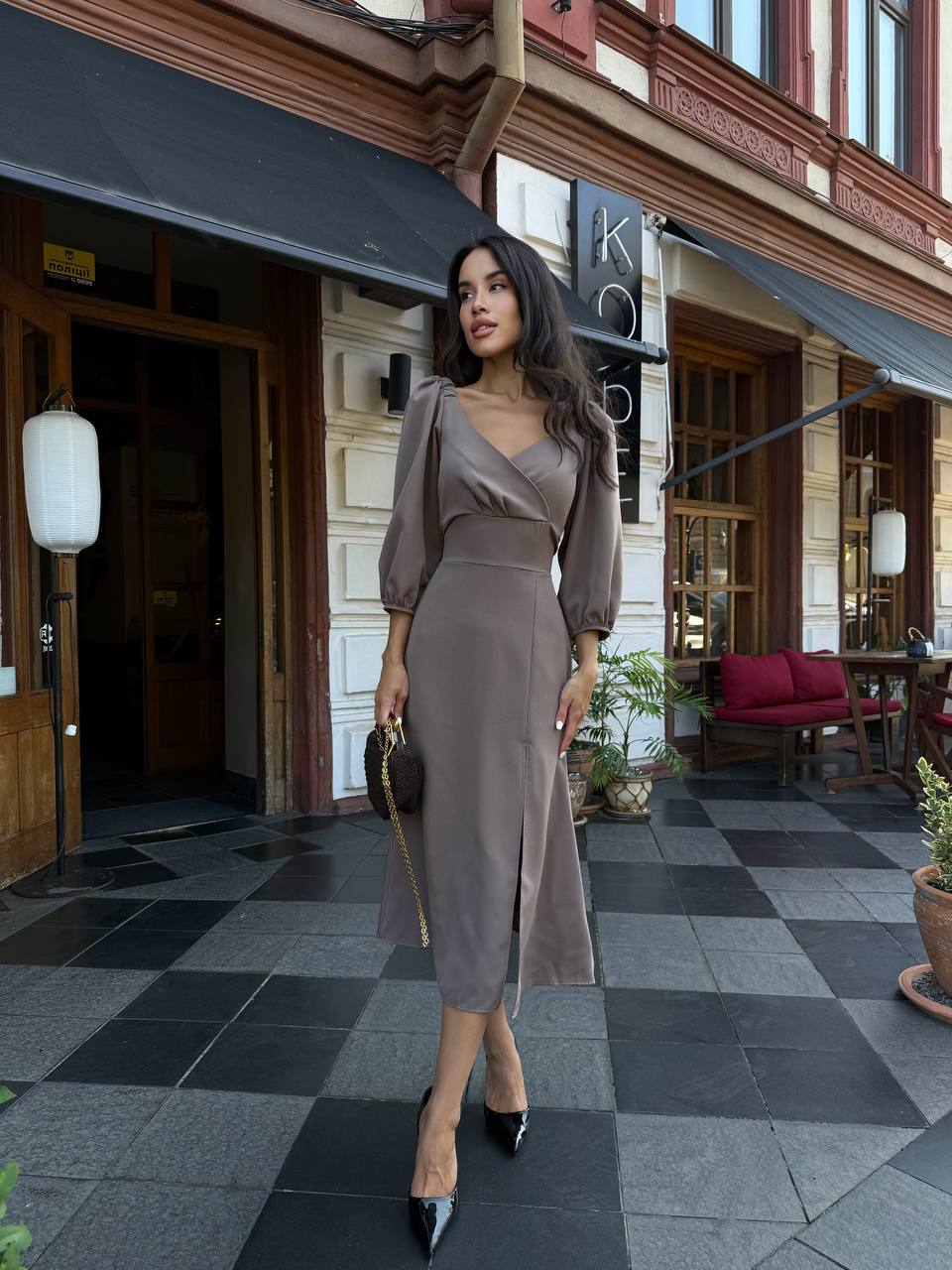 Вечернее платье миди коричневого цвета 34143