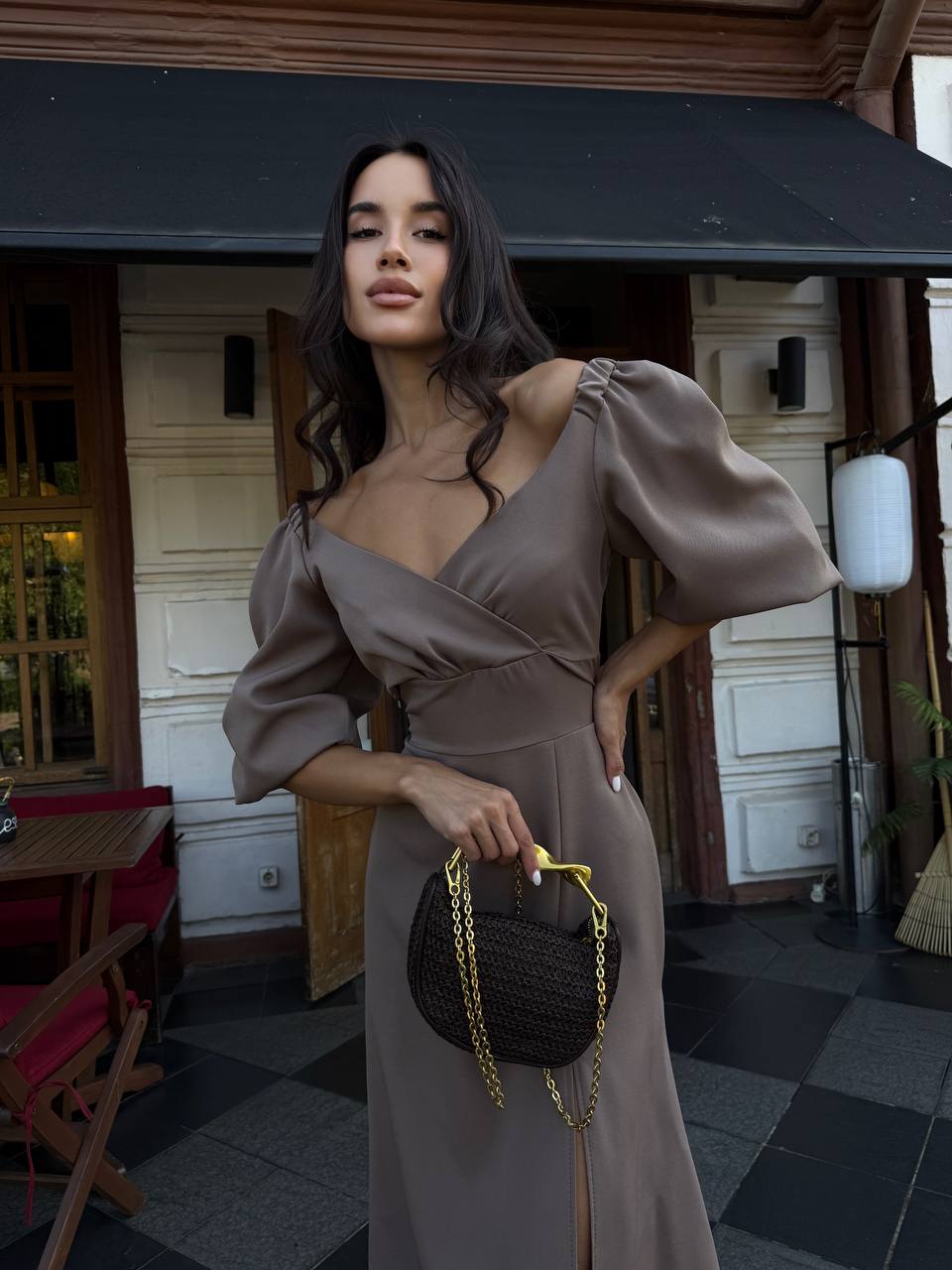 Вечернее платье миди коричневого цвета 34143