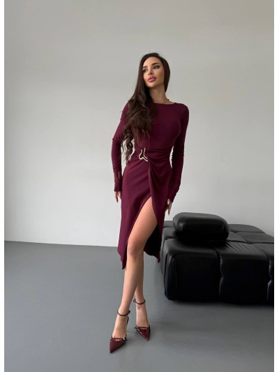 Вечiрня сукня міді з розрізом бордвого кольору 35980
