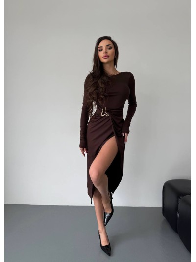 Вечернее платье миди с разрезом коричневого цвета 35979
