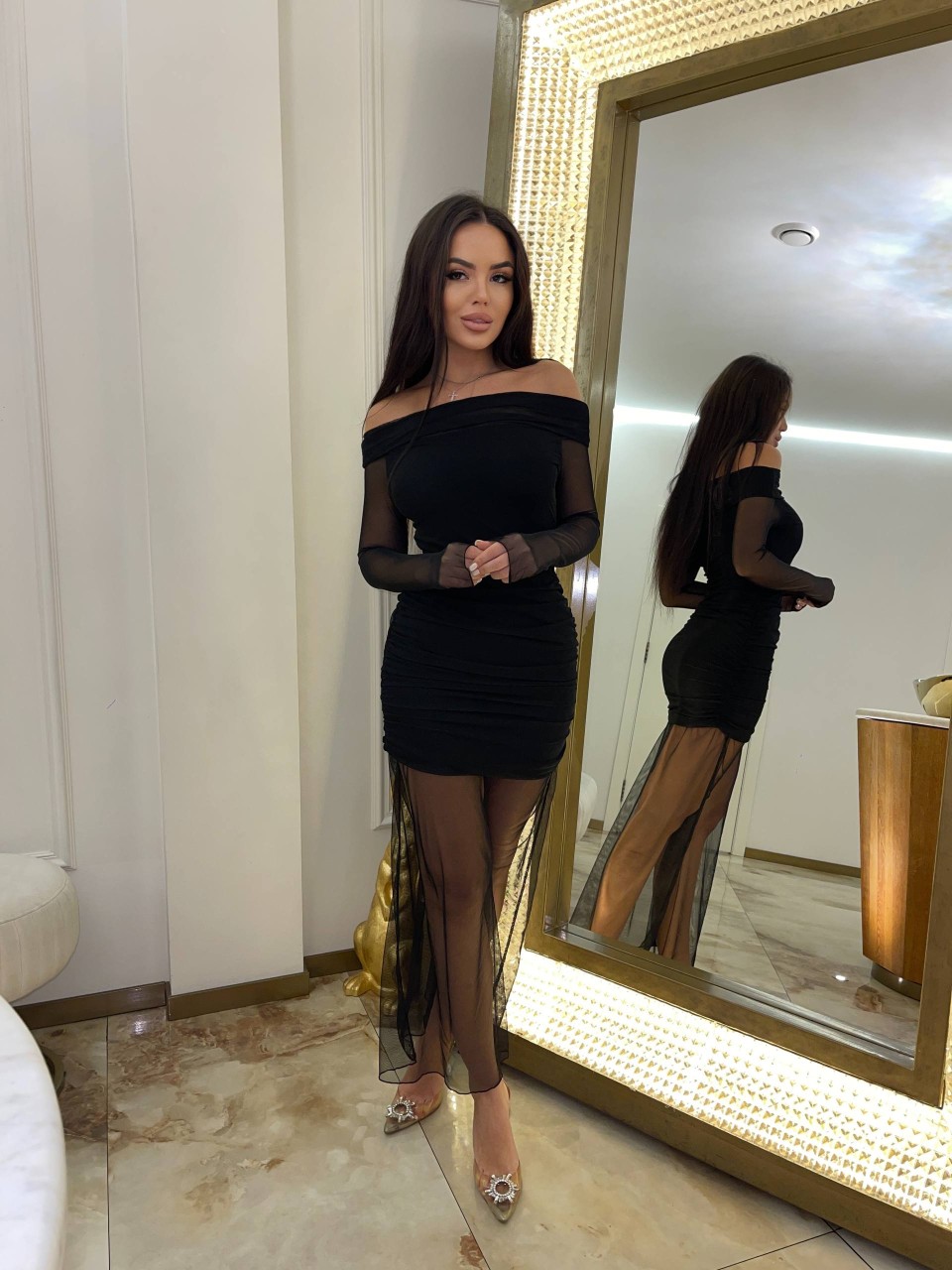 Вечiрня сукня міні + спiдниця iз сiтки чорного кольору 36092