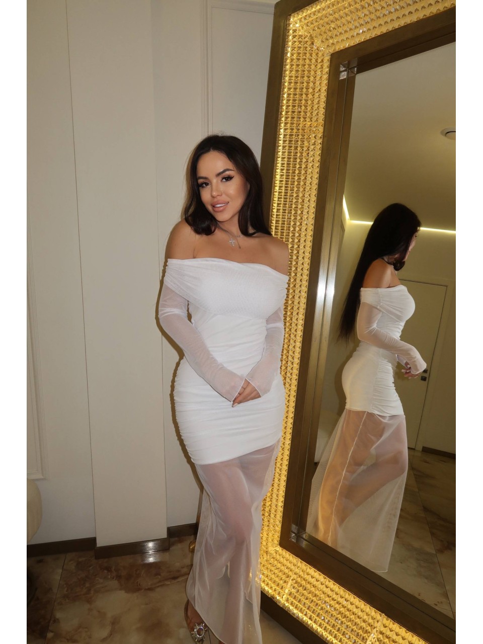 Вечiрня сукня міні + спiдниця iз сiтки молочного кольору 36091