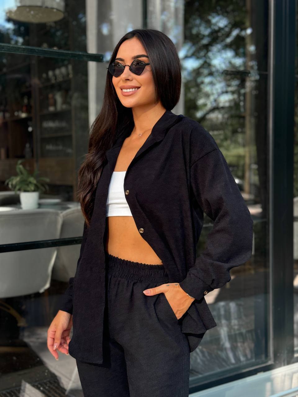 Вельветовый костюм на пуговицах черного цвета  34380