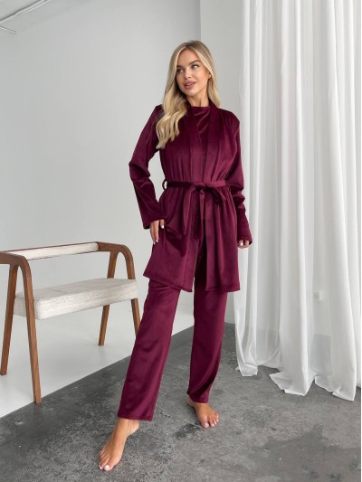 Велюровий домашній комплект трiйка бордового кольору 34539