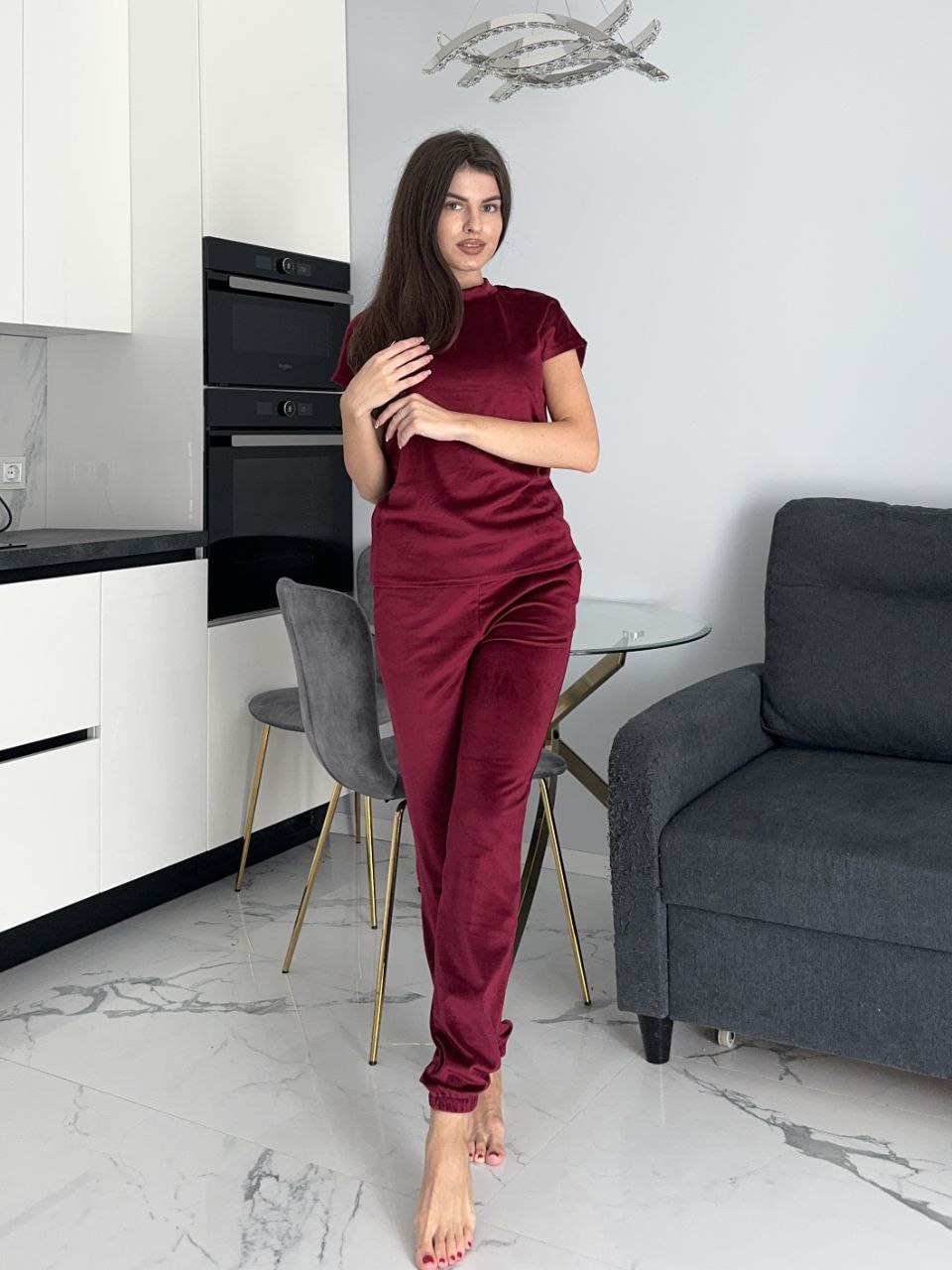 Велюровий домашній комплект трiйка бордового кольору 35630