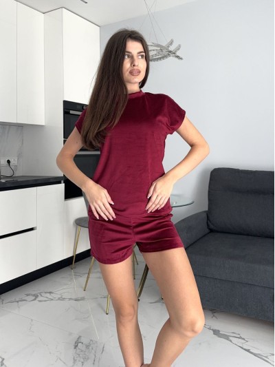 Велюровий домашній комплект трiйка бордового кольору 35630