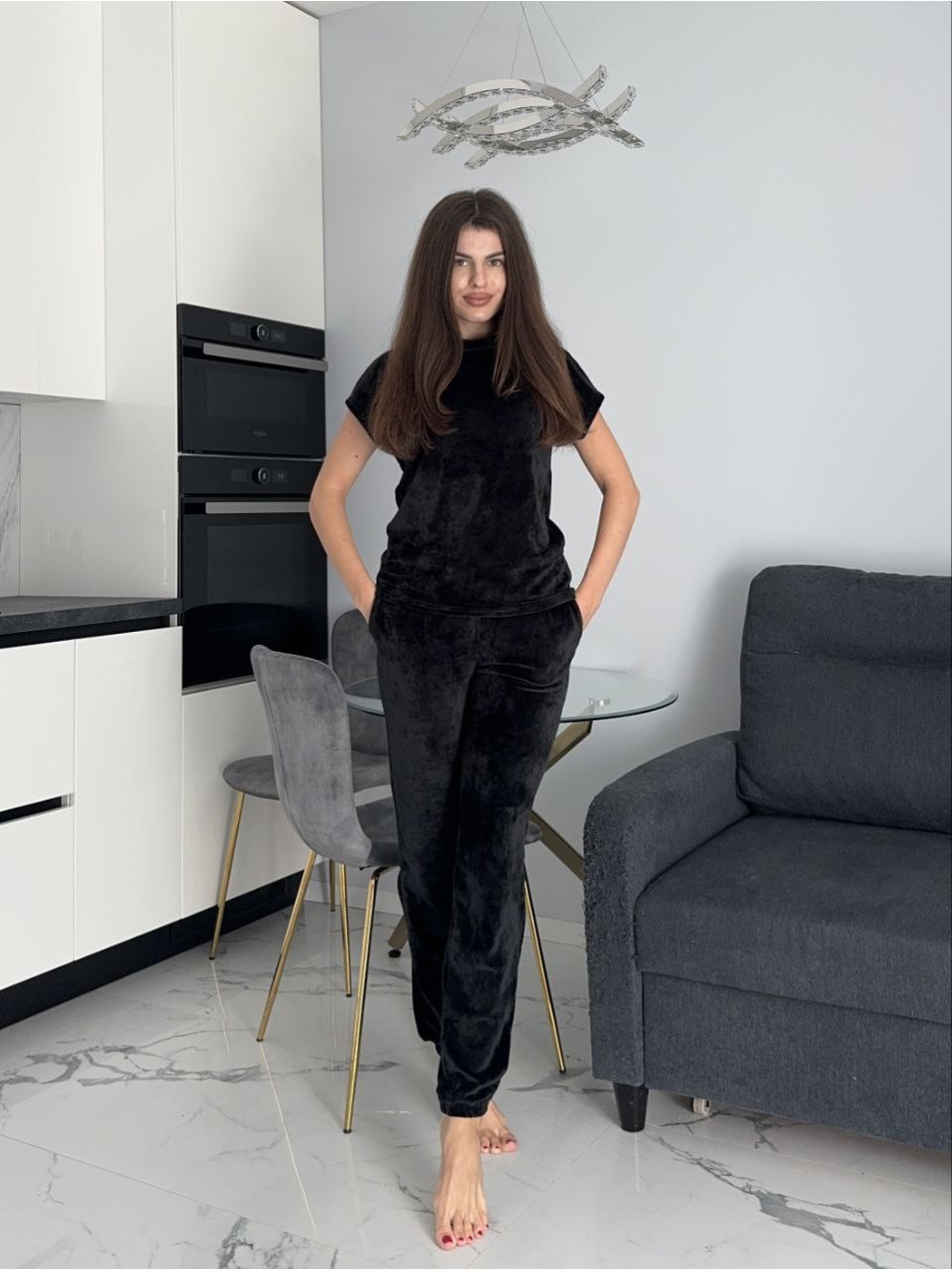 Велюровый домашний комплект тройка черного цвета 35628