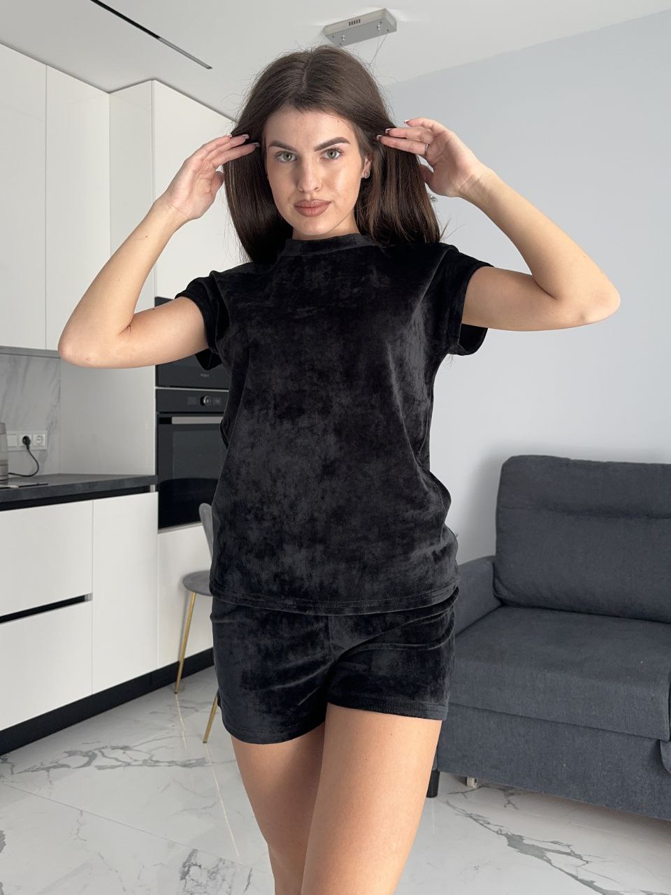 Велюровый домашний комплект тройка черного цвета 35628