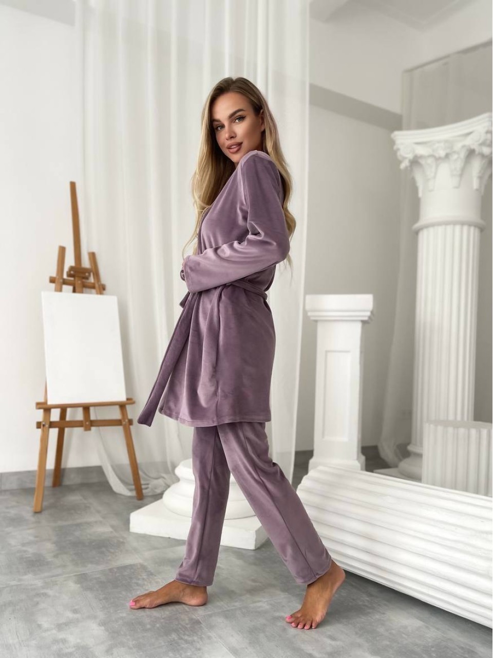 Велюровий домашній комплект трiйка лiлового кольору 34544