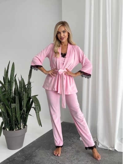 Велюровий домашній костюм трiйка рожевого кольору 34561