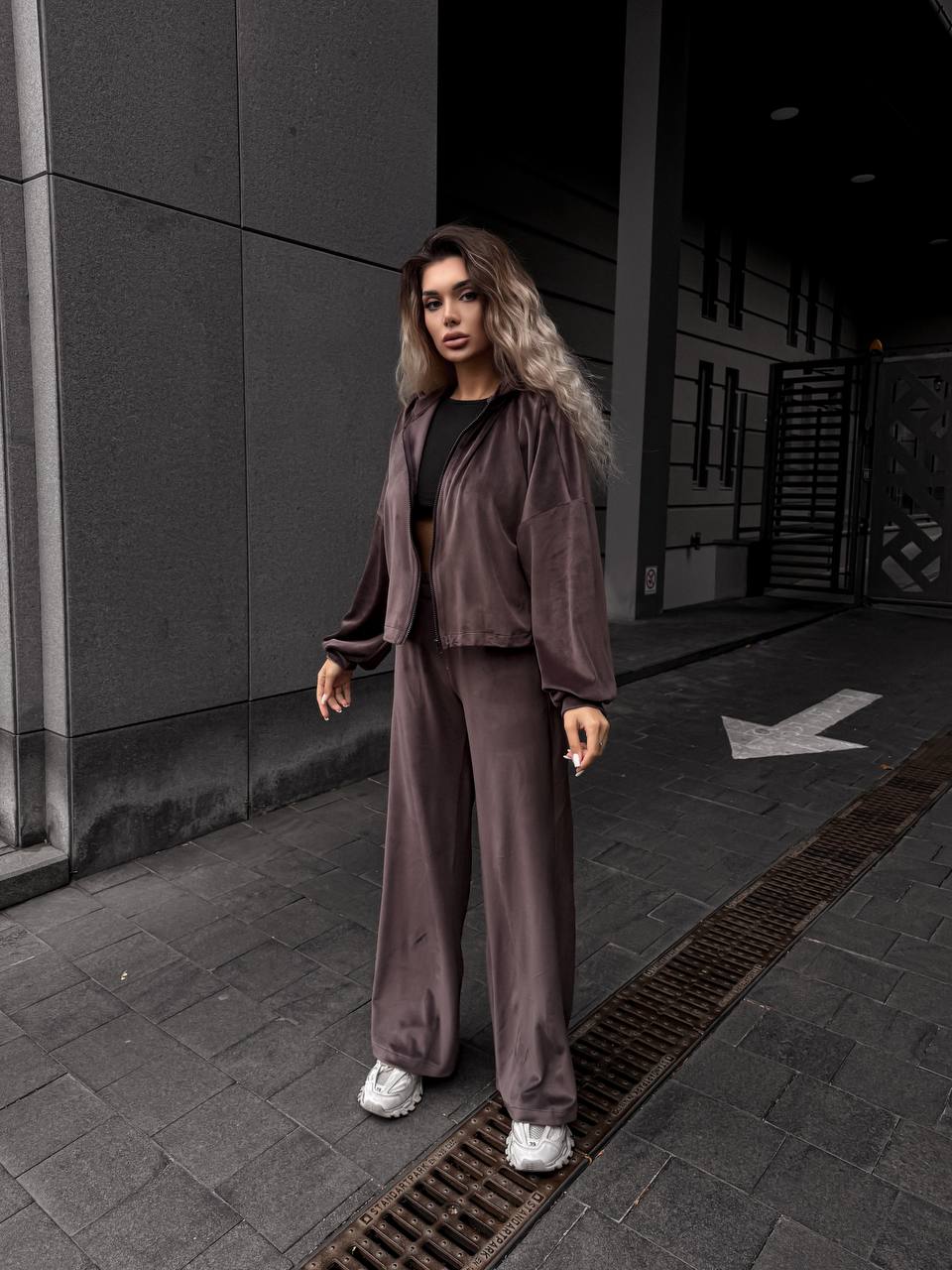 Велюровий жіночий костюм коричневого кольору 34592