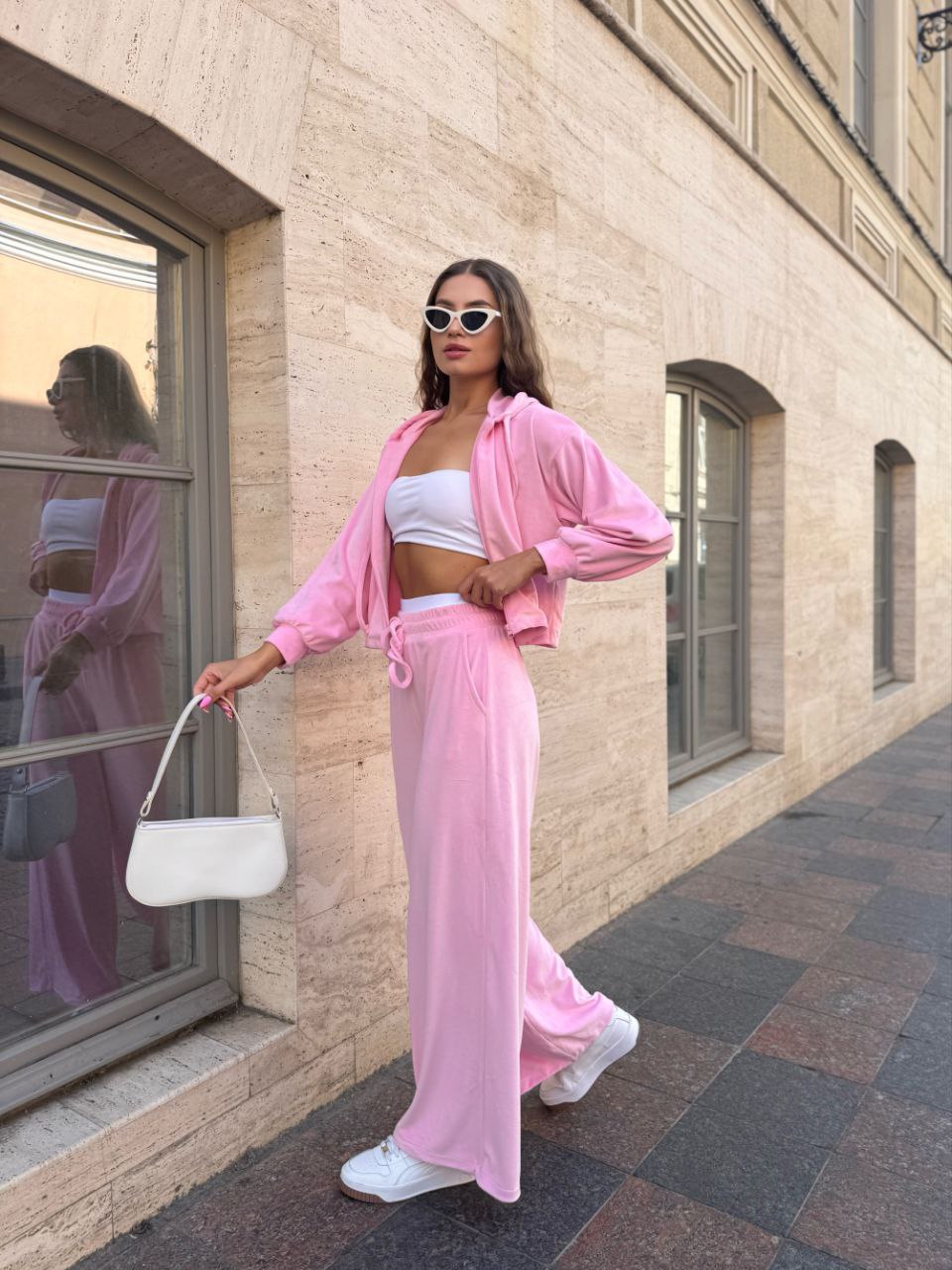 Велюровий жіночий костюм на блискавці рожевого кольору 34692