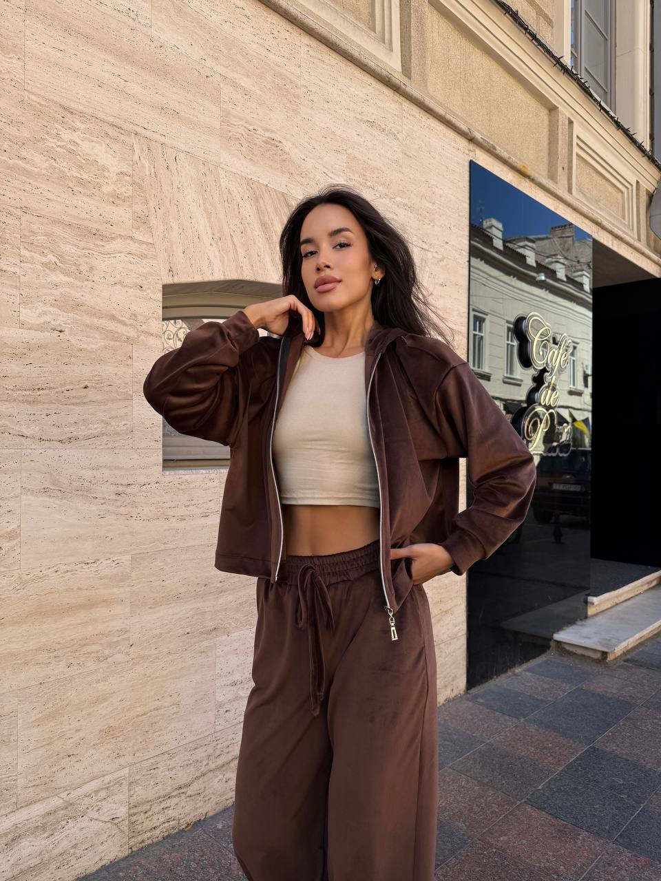 Велюровий жіночий костюм на змiйцi коричневого кольору 34265