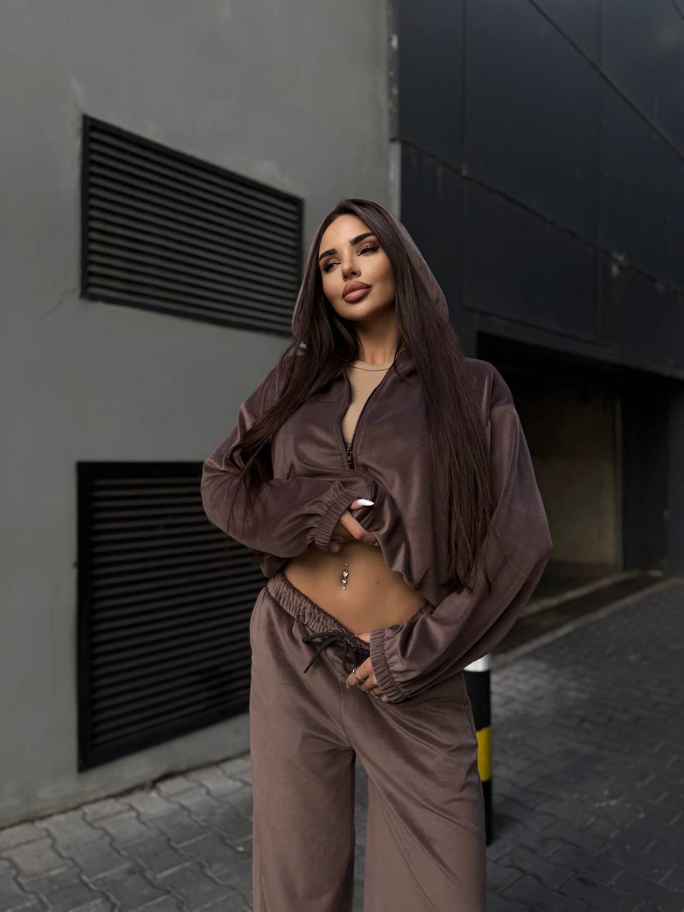 Велюровый женский костюм с начесом кофейного цвета 35053