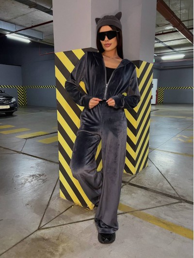 Велюровий жіночий костюм на блискавці графiтового кольору 31227