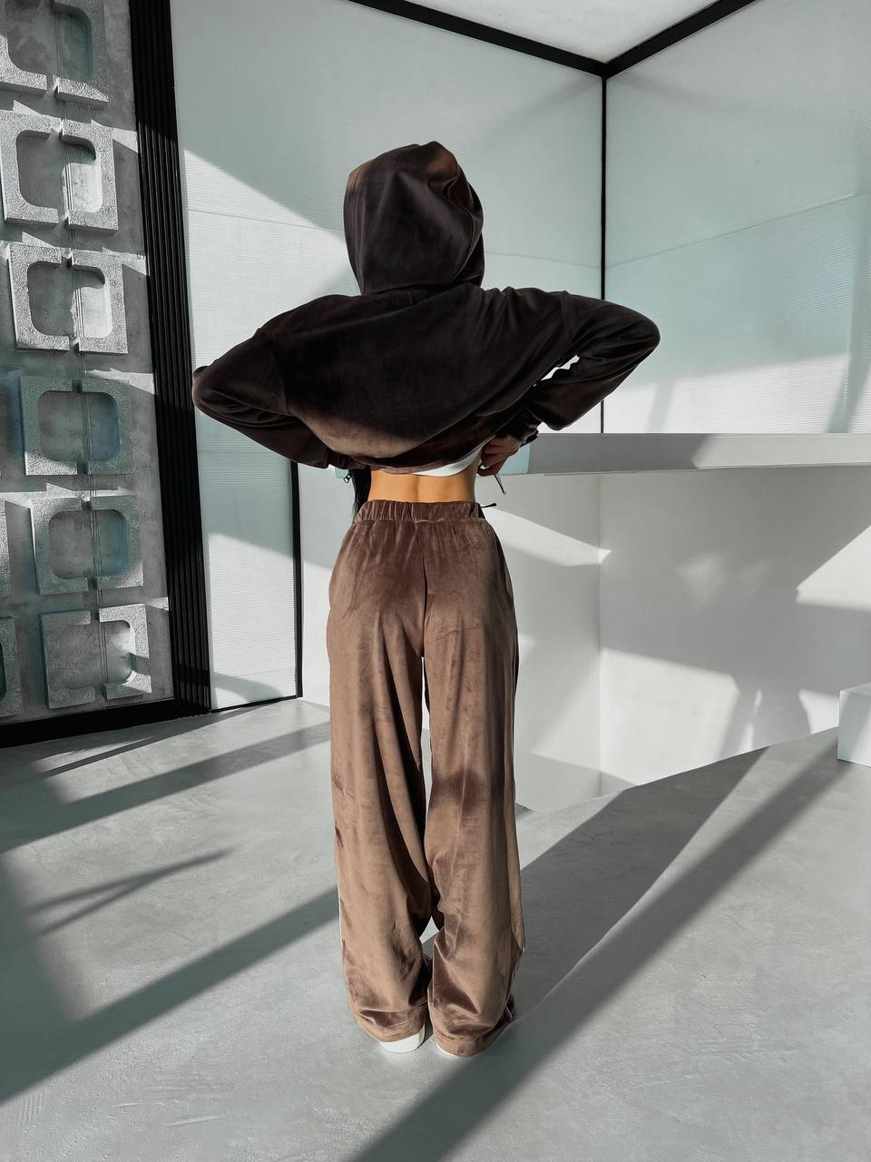 Велюровый женский костюм с капюшоном коричневого цвета 31708