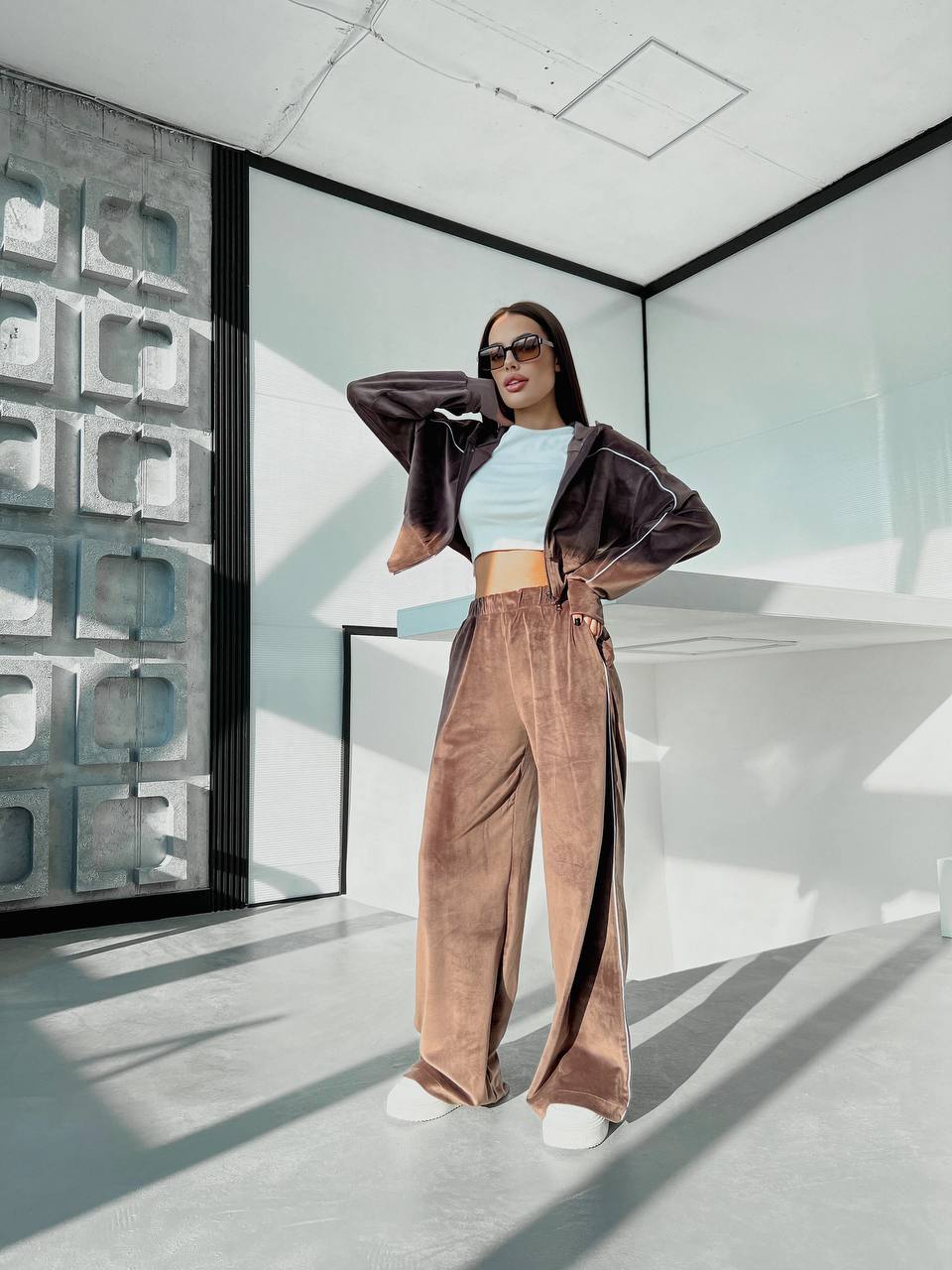 Велюровый женский костюм с капюшоном коричневого цвета 31708