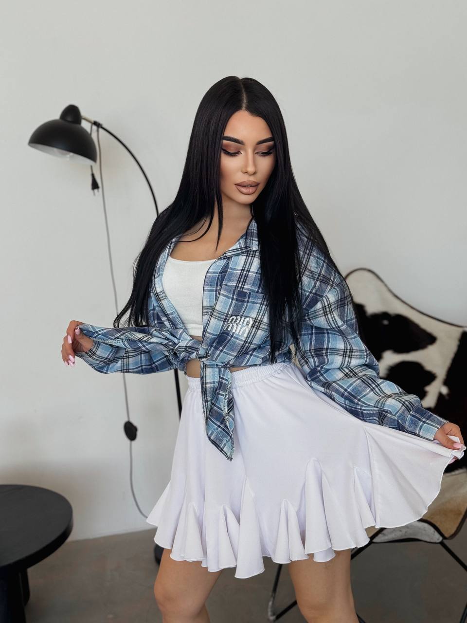 Повітряна спідниця-шорти міні молочного кольору 33154