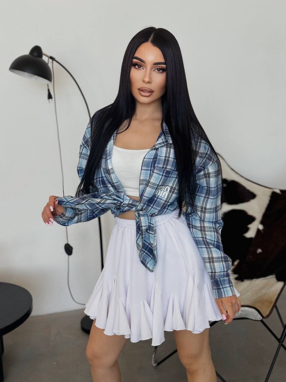 Повітряна спідниця-шорти міні молочного кольору 33154