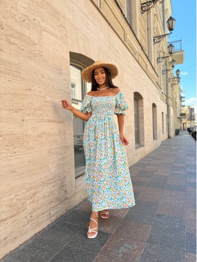 Повітряна сукня міді в квітку з відкритими плечима оливкового кольору 31910