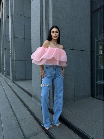Повітряний жіночий топ із воланами рожевого кольору 32503