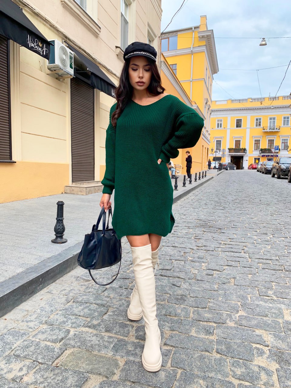 Вязаное платье-туника изумрудного цвета 29941