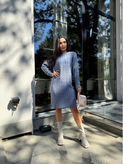 Вязаное полушерстяное платье синего цвета 29961