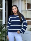 В'язаний жіночий светр у смужку синього кольору 30067