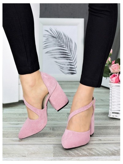 Замшеві жіночі туфлі на каблуку пудрового кольору 35684