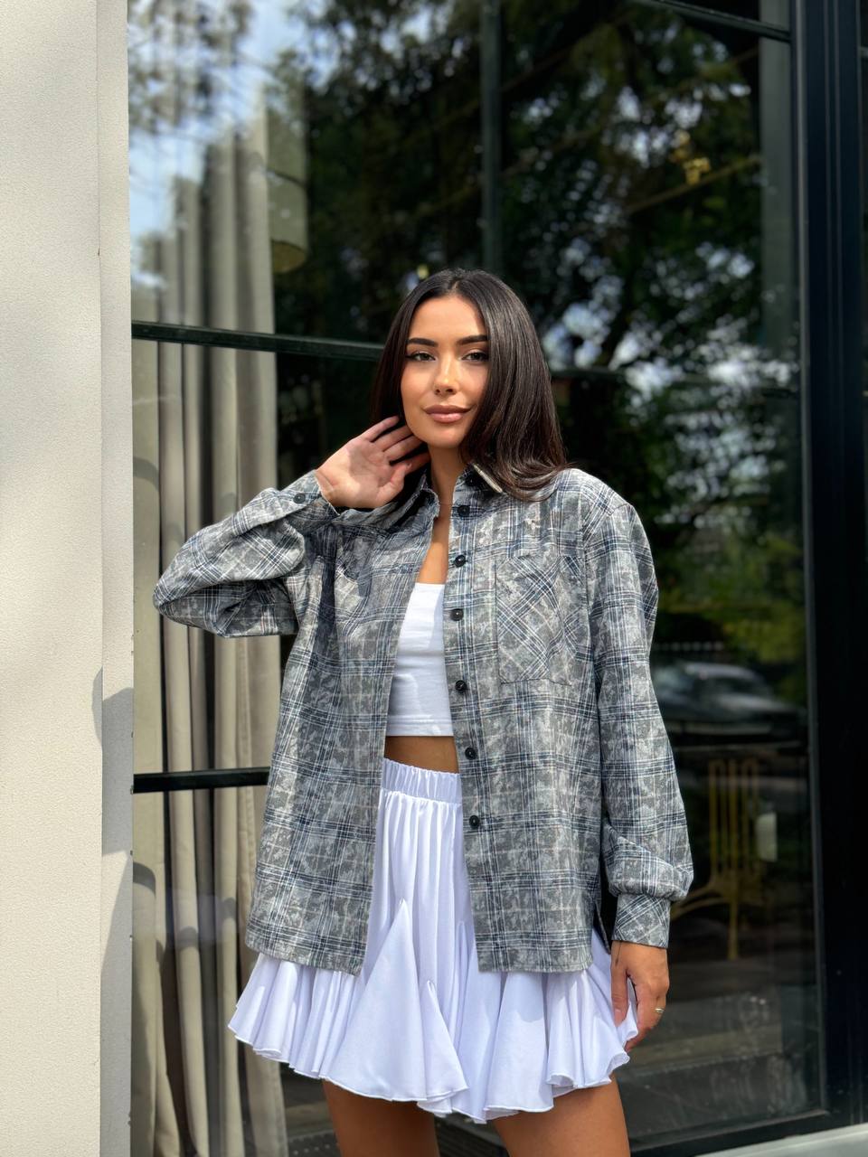 Жіноча фланелева сорочка в клітинку сiрого кольору 32308