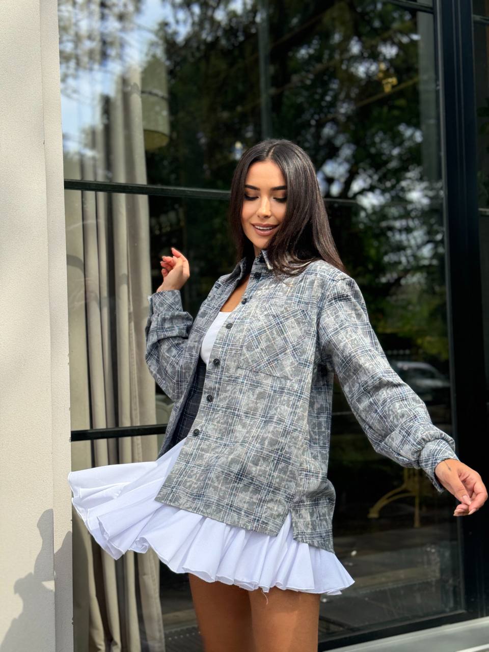 Жіноча фланелева сорочка в клітинку сiрого кольору 32308