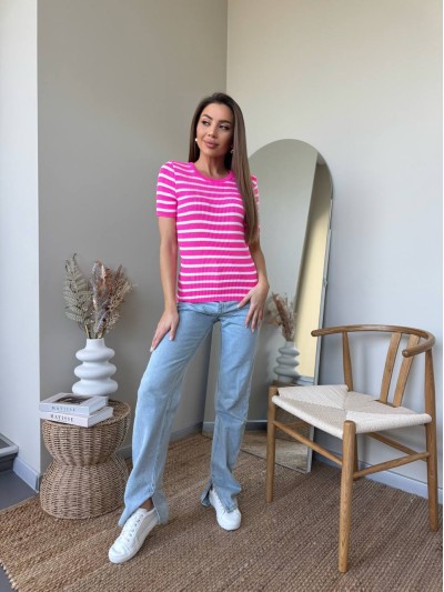 Жіноча футболка в рубчик, у смужку малинового кольору 32844