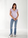 Жіноча бавовняна футболка з рюшами лiлового кольору 33268