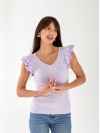 Жіноча бавовняна футболка з рюшами лiлового кольору 33268