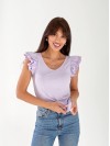 Жіноча бавовняна футболка з рюшами лiлового кольору 33268