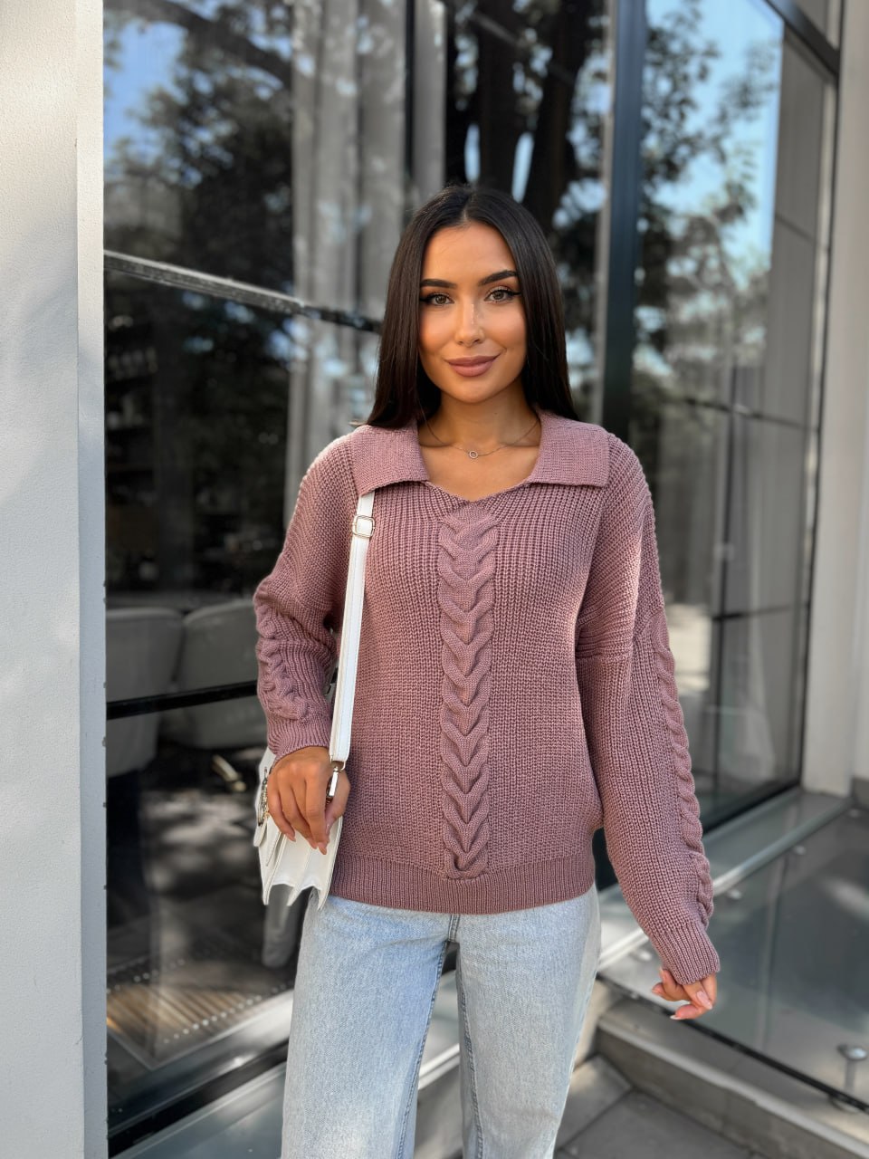 Женская кофта с отложенным воротником пудрового цвета 29956