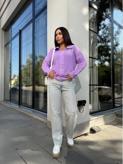 Жіноча кофта з відкладеним коміром бузкового кольору 29957