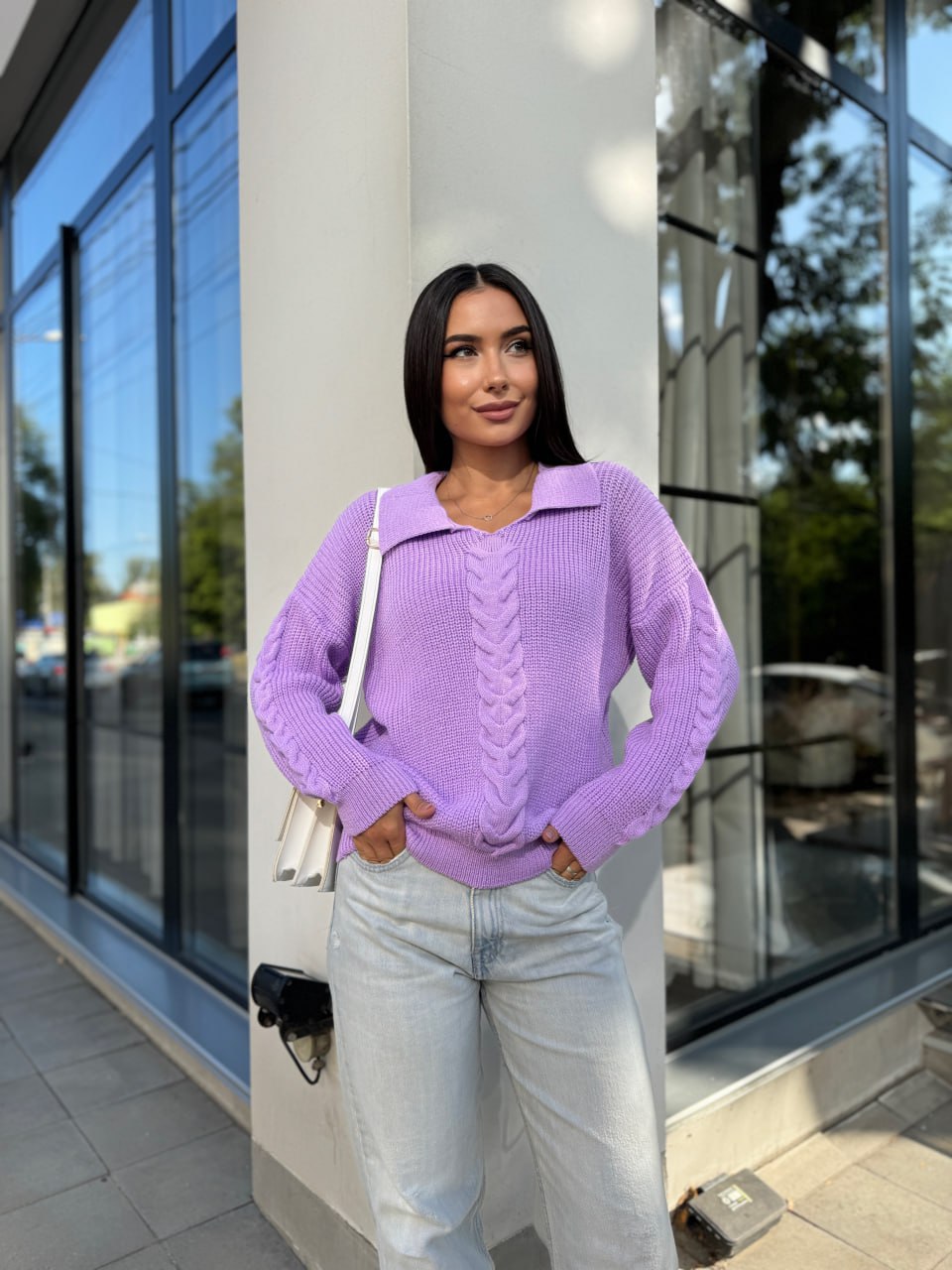 Женская кофта с отложенным воротником сиреневого цвета 29957