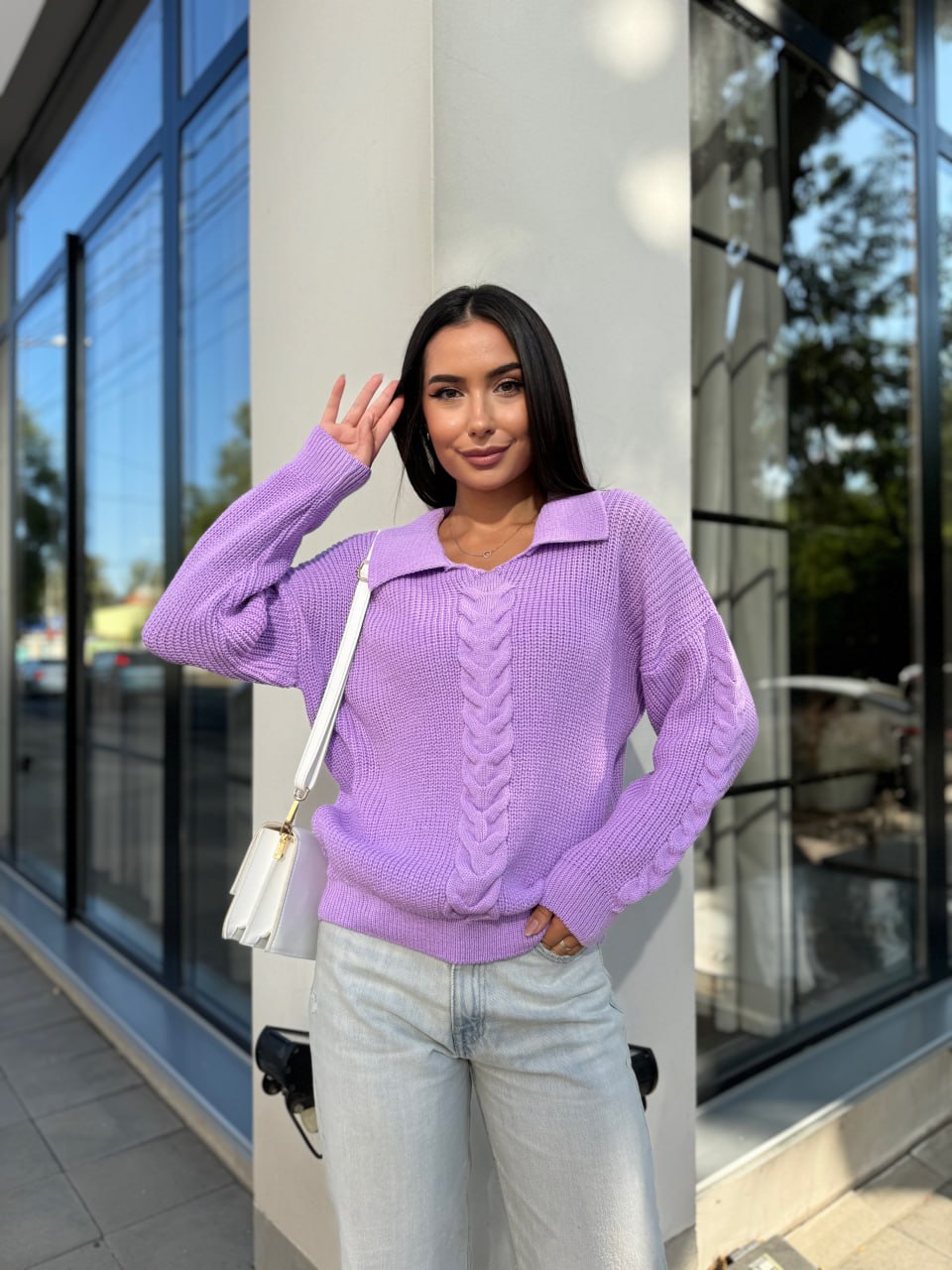 Женская кофта с отложенным воротником сиреневого цвета 29957