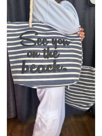 Женская пляжная сумка на плече в полоску синего цвета 32744