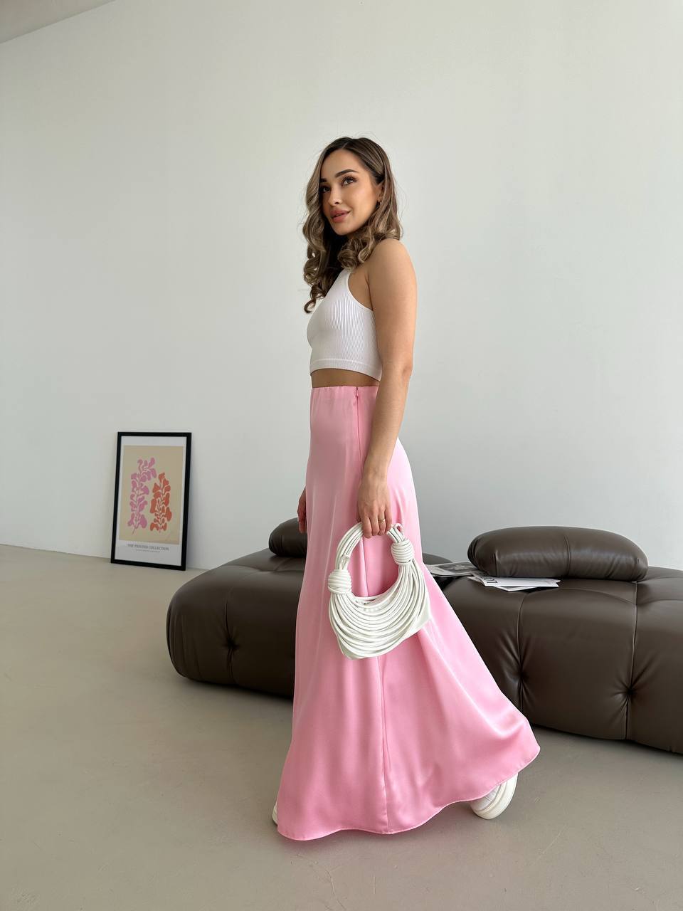 Жіноча спідниця шовкова максі рожевого кольору 33286