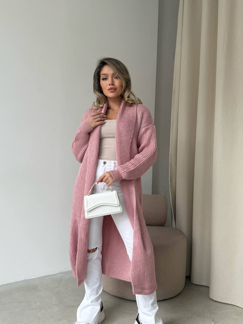 Женский длинный кардиган розового цвета 32878