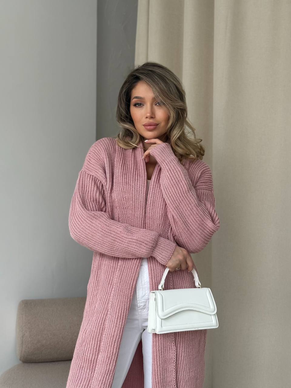 Женский длинный кардиган розового цвета 32878