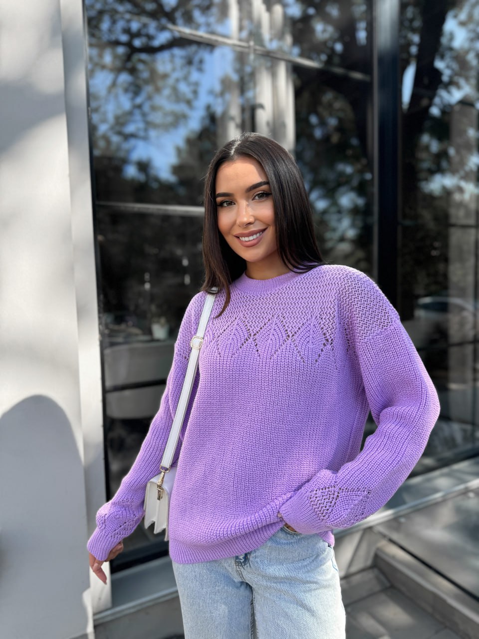 Класичний жіночий светр бузкового кольору 30189