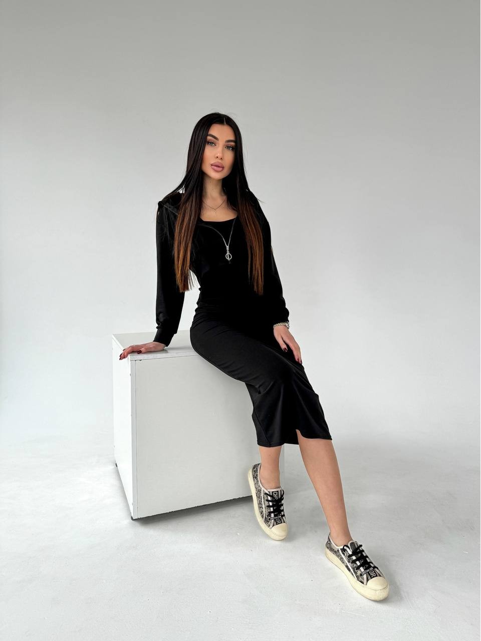 Женский комплект кофта+платье черного цвета  30898