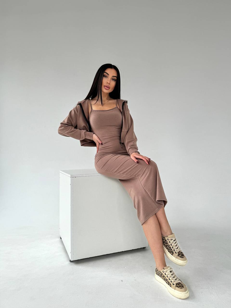Женский комплект кофта+платье кофейного цвета  30896